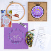 Embroidery kit with hoop, thread, and pattern on a white background