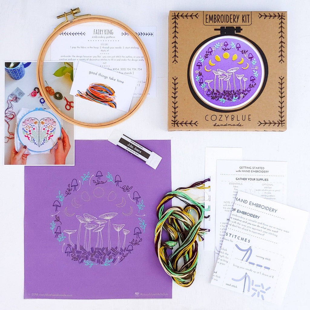 Embroidery kit with hoop, thread, and pattern on a white background