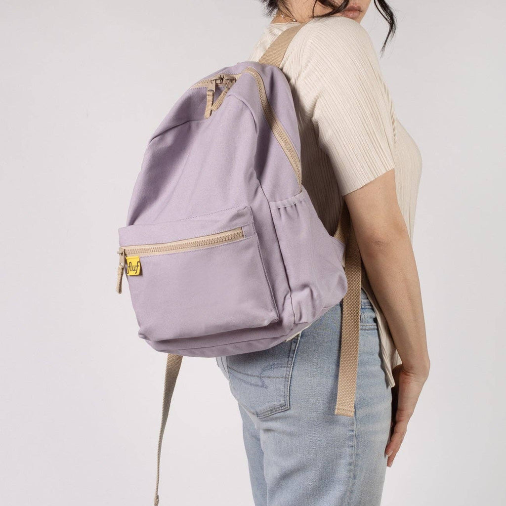 Organic cotton lavender backpack by Fluf, eco-friendly bag with adjustable straps and spacious interior for daily use.