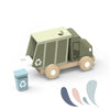Wooden garbage truck toy by Speedy Monkey, featuring colorful design and realistic truck details for imaginative play.
