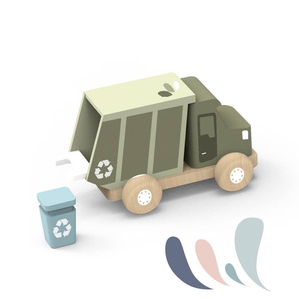 Wooden garbage truck toy by Speedy Monkey, featuring colorful design and realistic truck details for imaginative play.