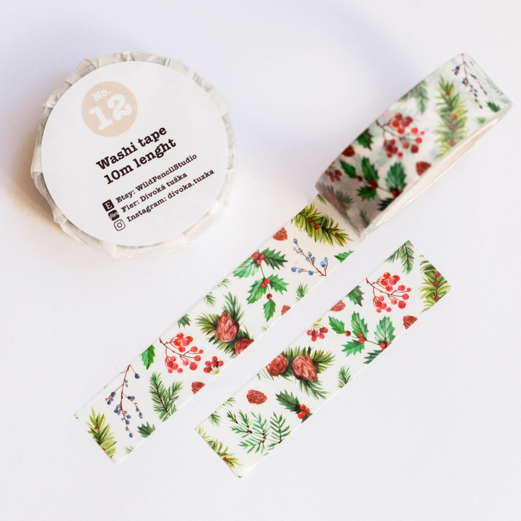Wild Pencil Studio Christmas Foliage Washi Tape featuring festive green and red foliage patterns on a light background.