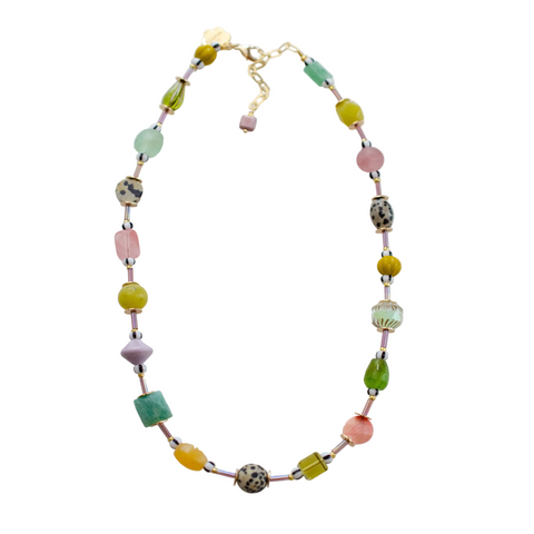 Muted Muticolor beaded necklace by Jill Makes featuring multicolored beads on a delicate string.