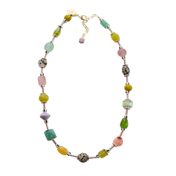 Muted Muticolor beaded necklace by Jill Makes featuring multicolored beads on a delicate string.