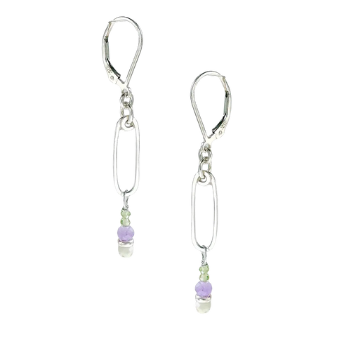 Silver argan drop earrings featuring lavender and green accents by Freshie & Zero, displayed against a neutral background.