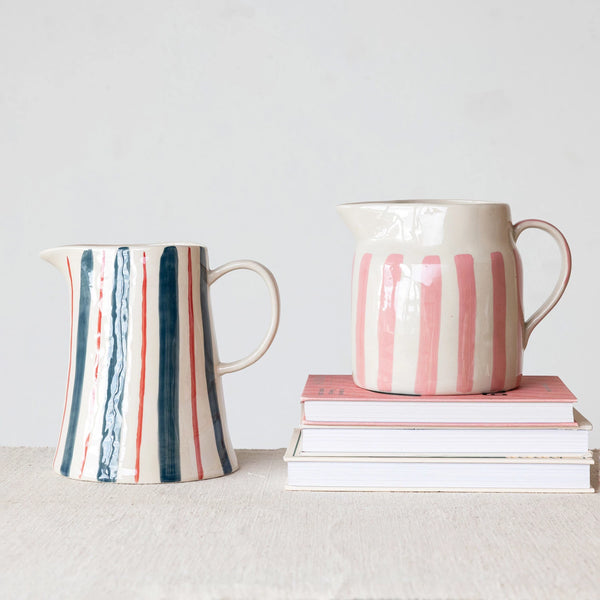 Hand-Painted Pink Stripe Stoneware Pitcher - Freshie & Zero Studio Shop