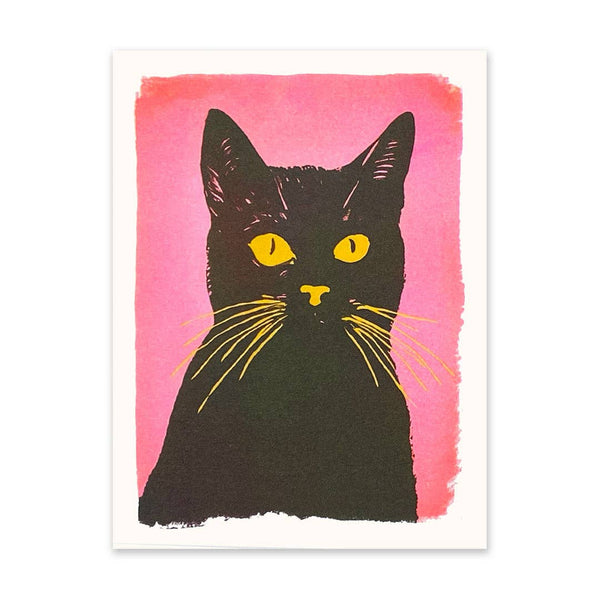 Retro pink cat Riso print by Ohh Deer featuring a vibrant, stylized feline illustration on textured paper.