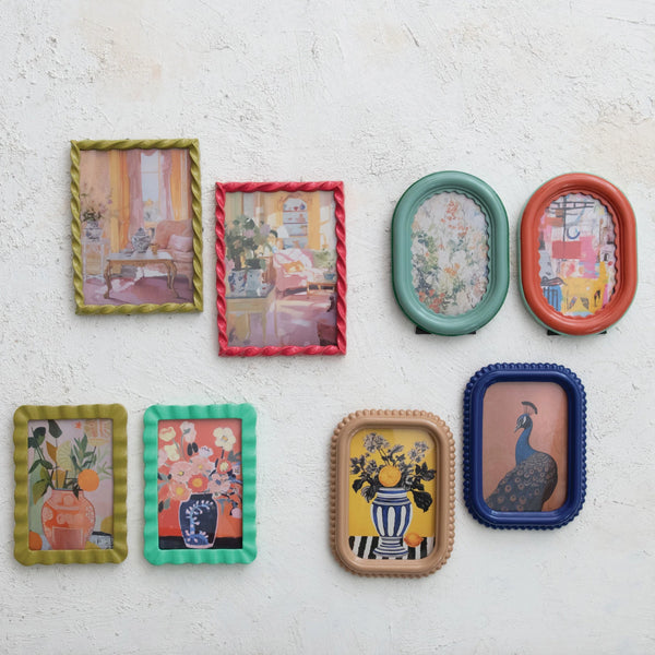Colorful bobbin resin photo frame by Creative Co-Op, a vibrant home accessory with a decorative design for displaying photos.