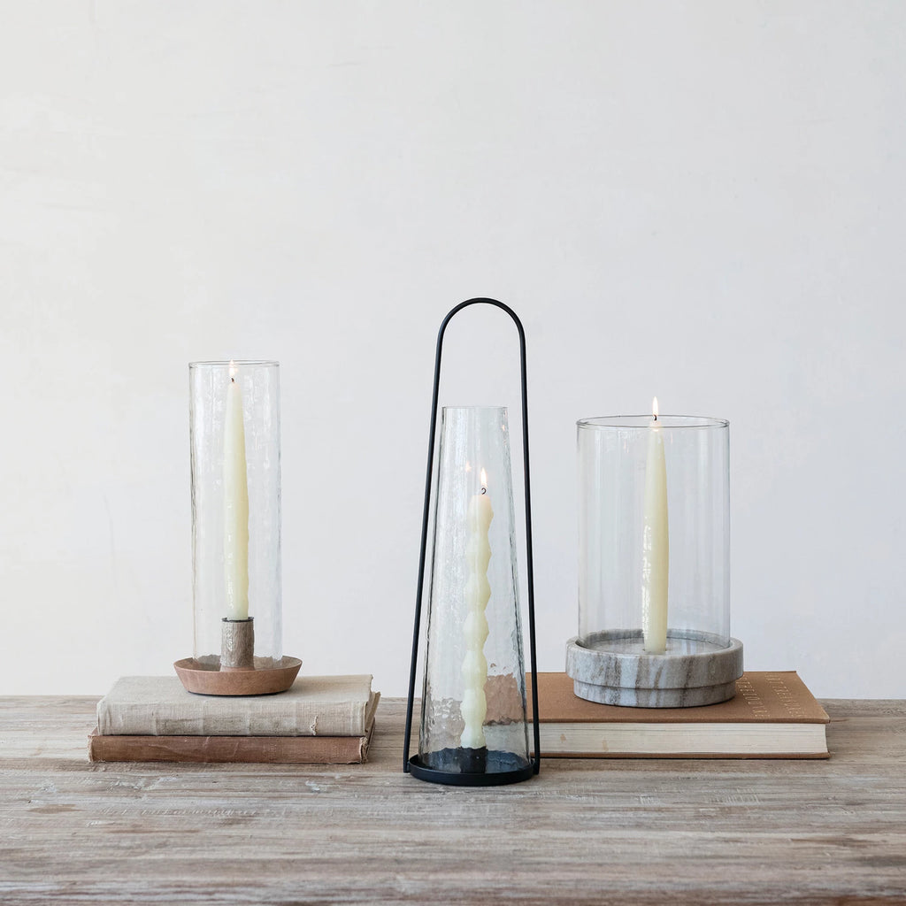 Mango Wood Taper Holder with Glass Hurricane - Freshie & Zero Studio Shop