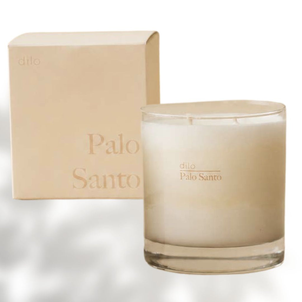 Dilo Palo Santo Candle in a glass holder, handcrafted candle with natural wood scent for relaxation and aromatic ambiance
