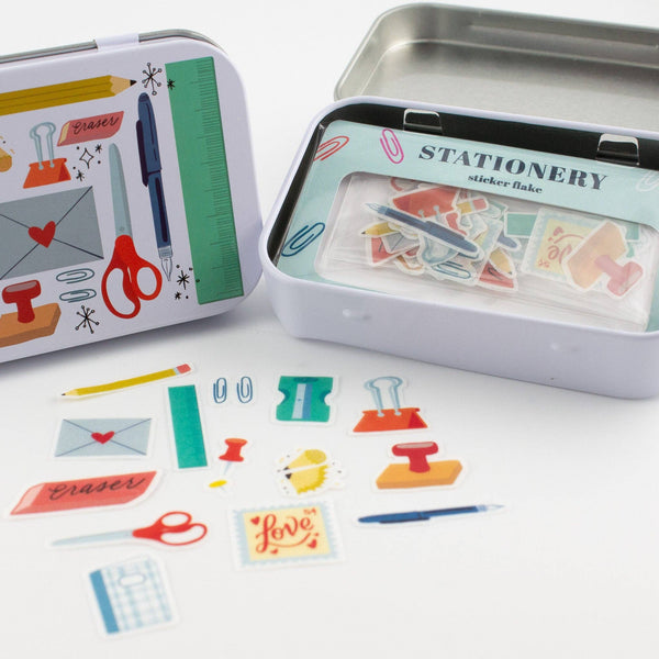Bobo Design Studio stationery lovers trinket tin with colorful washi sticker flakes for decorating journals and crafts.
