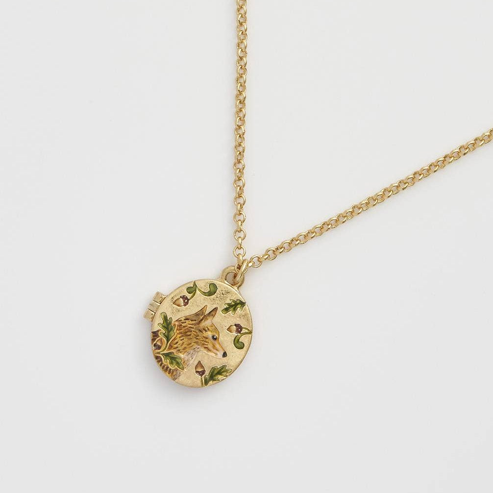 Fox & Acorn vintage-style enamel locket necklace by Fable England, featuring a detailed nature-inspired design on a delicate chain.