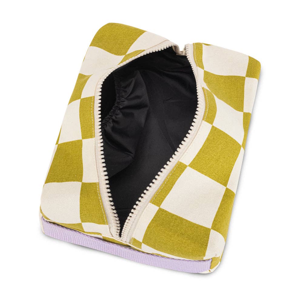 Traveller toiletry bag by Fluf in Checker Pear Green, showing a compact, stylish bag with zipper closure and handle.