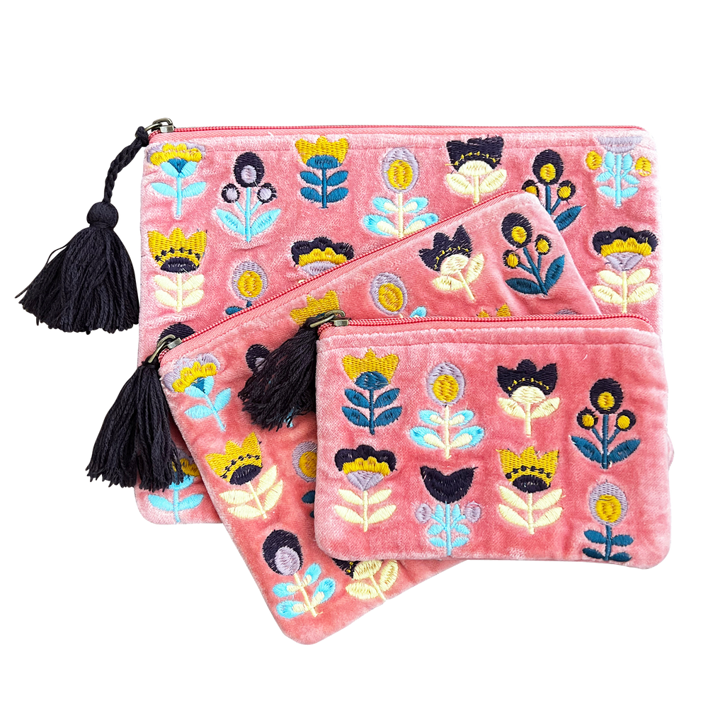 Tulips on Pink Velvet Embroidered Cotton Pouch - Freshie & Zero Studio Shop