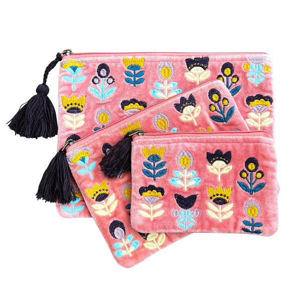 Tulips on Pink Velvet Embroidered Cotton Pouch - Freshie & Zero Studio Shop