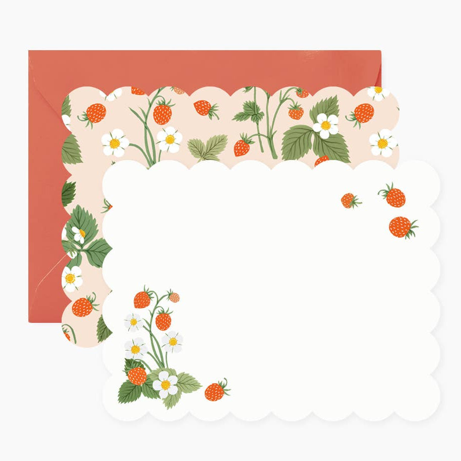 Set of four Wild Strawberries illustrated note cards by Botanica Paper Co. featuring vibrant strawberry and foliage artwork.