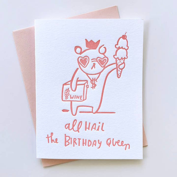 Colorful greeting card titled "All Hail the Birthday Queen" by Ghost Academy with bold lettering and festive design elements.