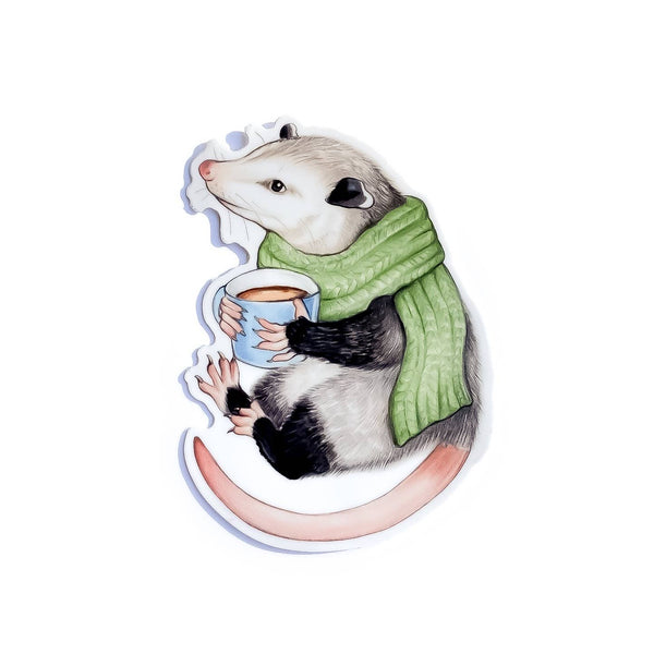 Cozy Opossum with Mug Vinyl Sticker - Freshie & Zero Studio Shop