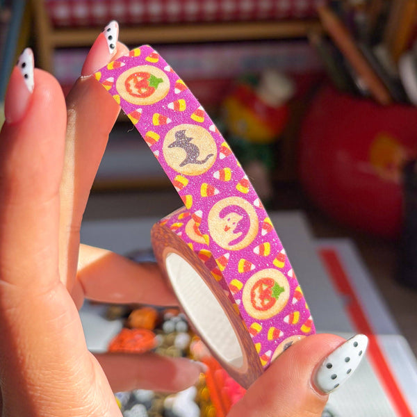 Spooky Cookies Glitter Washi Tape by Veronica Porlier Illustrations featuring Halloween-themed cookie designs and sparkling accents.