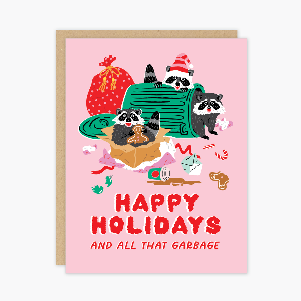 Pink Raccoons Christmas Holiday Card - Freshie & Zero Studio Shop