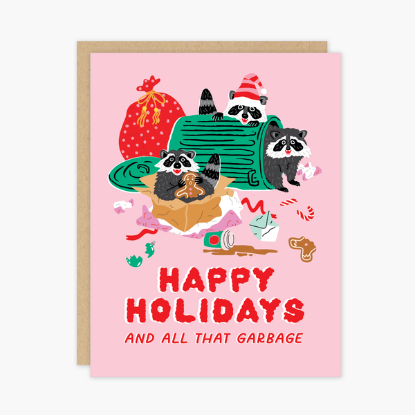 Pink Raccoons Christmas Holiday Card - Freshie & Zero Studio Shop