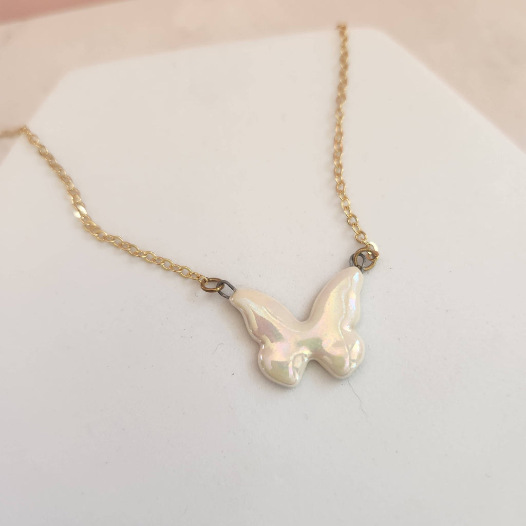 Butterfly Handmade Porcelain Necklace Iridescent White - Freshie & Zero Studio Shop