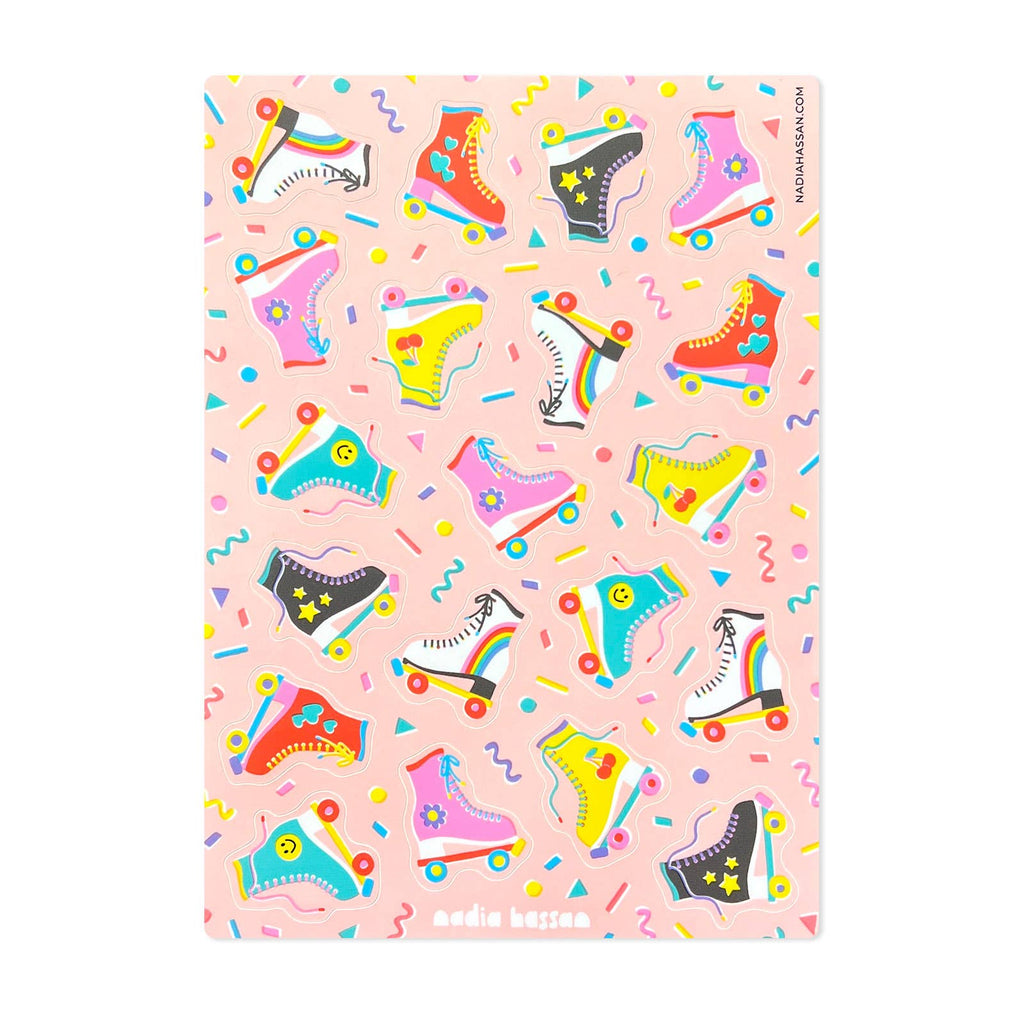 Illustrated sticker sheet featuring colorful roller skate designs by Nadia Hassan, perfect for decorating notebooks or accessories.