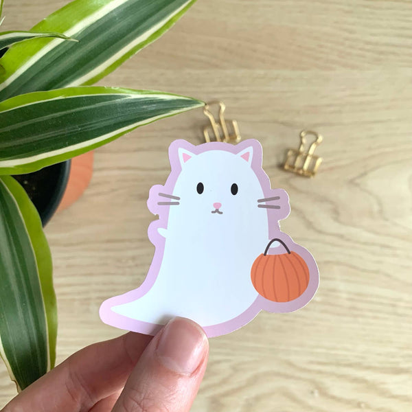 Trick or Treating Ghost Cat Sticker - Freshie & Zero Studio Shop