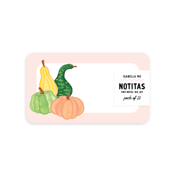 Set of Pumpkin Gourds Notitas mini notecards by Isabella MG featuring vibrant autumn-themed pumpkin and gourd illustrations.