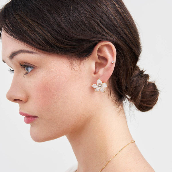 Jasmine Pearl vintage-style enamel oversized stud earrings by Fable England, featuring bold pearl and enamel design.