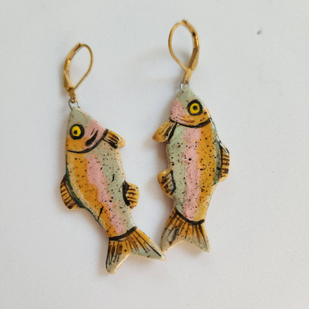 Rainbow trout Handmade Ceramic Statement Earrings - Freshie & Zero Studio Shop