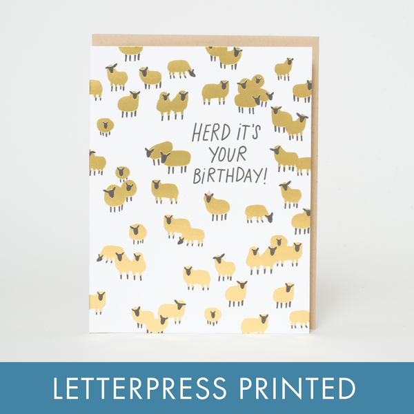 Egg Press Herd It's Your Birthday sheep letterpress greeting card with colorful birthday message and playful sheep illustration.