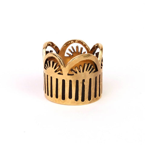 Leah Sunrise Brass Bandana Slide Ring by Handker Bandanas, a stylish brass accessory with intricate design on a bandana-inspired ring.