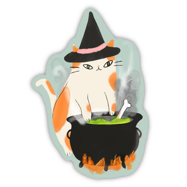 Witches' Brew Cat Halloween sticker by Ghost Academy featuring a spooky cat with magical brew for Halloween decorating.