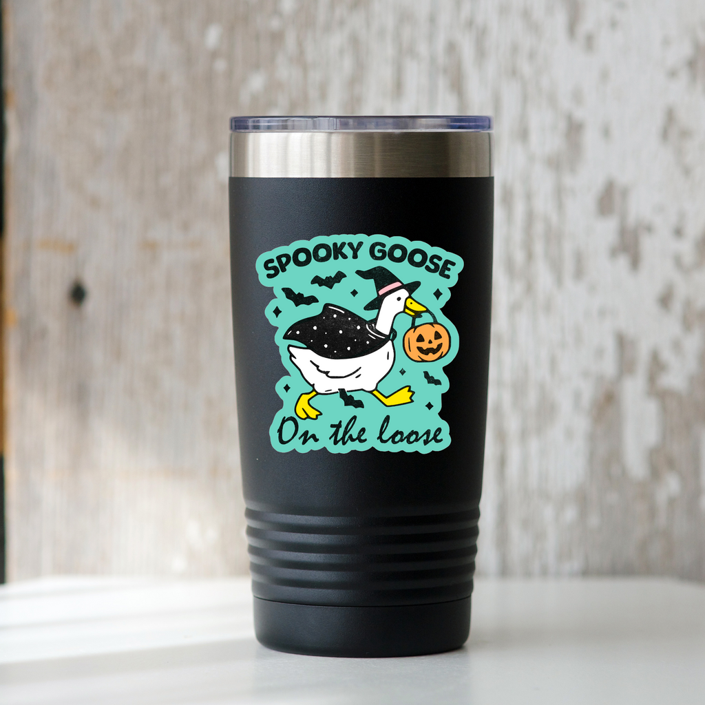 Spooky Goose on the Loose sticker by Yarnival featuring a silly Halloween fall-themed goose illustration.