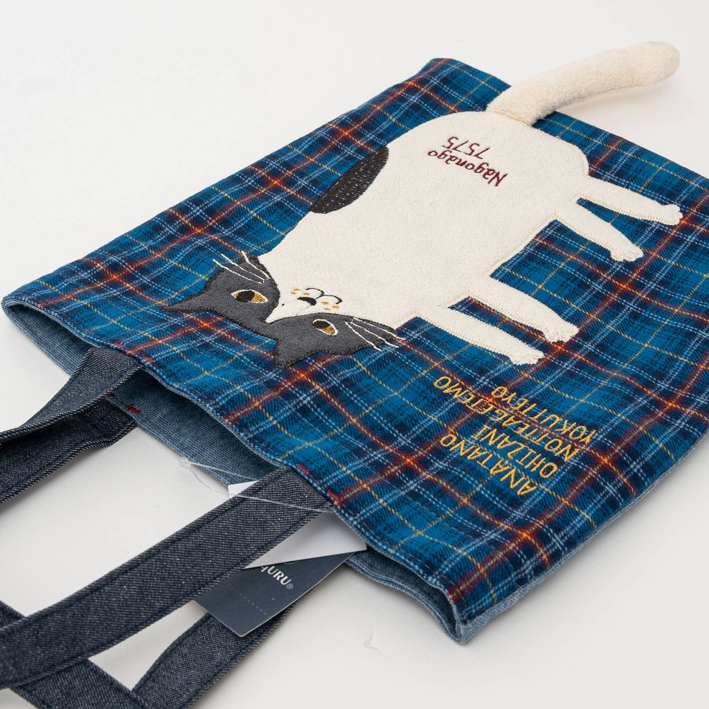 Embroidered Cat Tiny Book Tote - Blue | Kusuguru Japan - Freshie & Zero Studio Shop