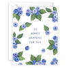 Greeting card with blueberries and text 'So berry grateful for you' on a white background