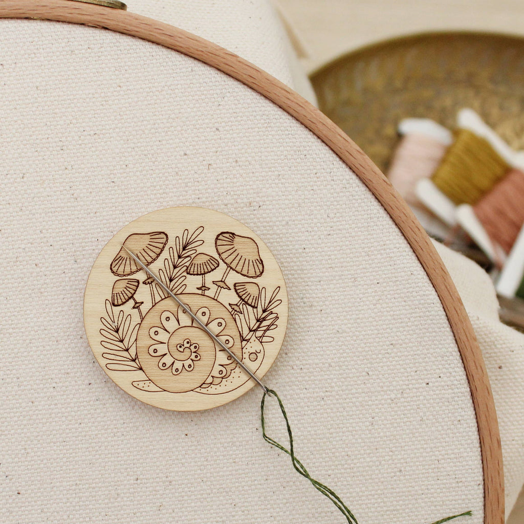 Magnetic Wooden Needle Minder: Snail + Mushrooms - Freshie & Zero Studio Shop