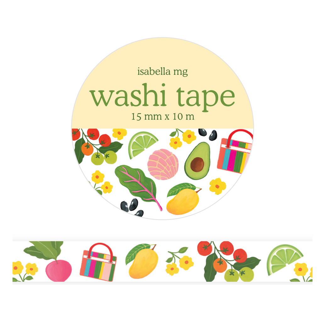 A roll of washi tape with a colorful fruit and picnic-themed pattern, shown with its round label. The label reads 'isabella mg washi tape 15 mm x 10 m'.