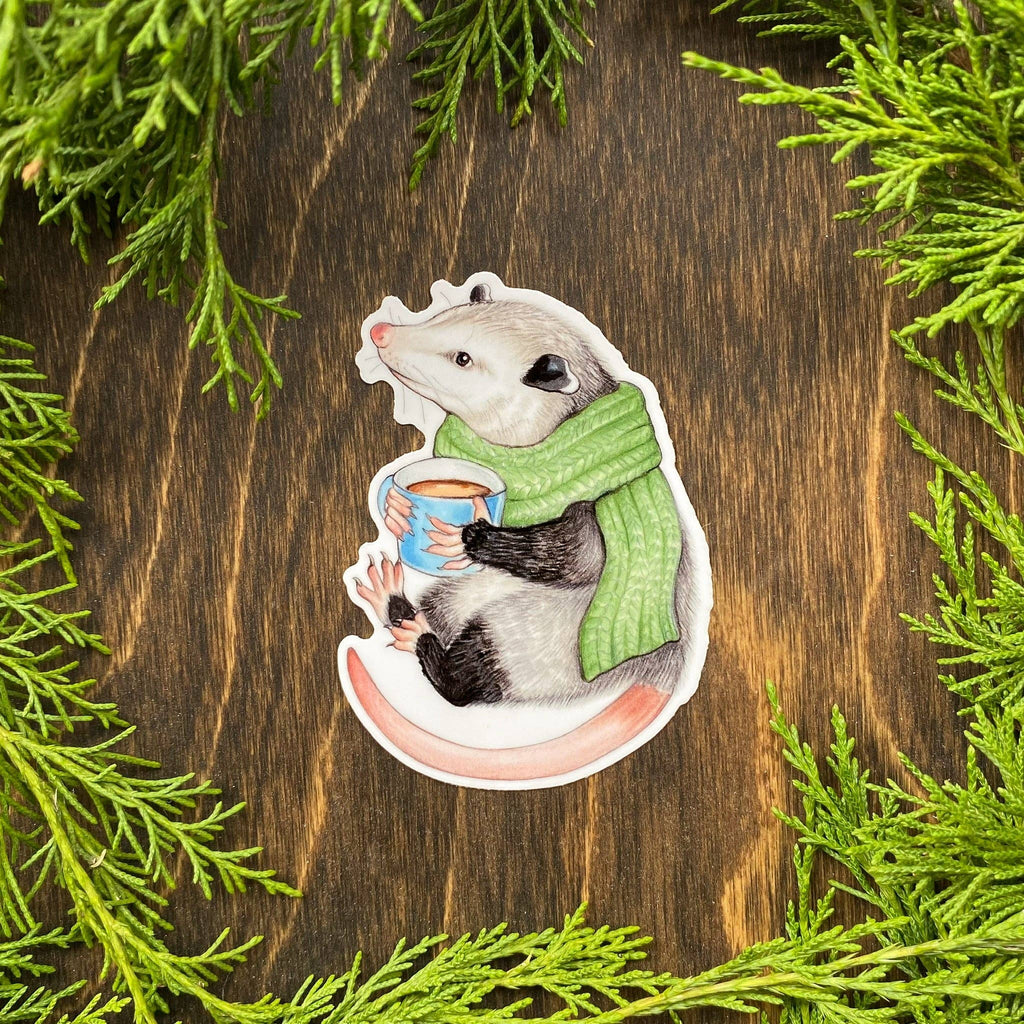 Cozy Opossum with Mug Vinyl Sticker - Freshie & Zero Studio Shop