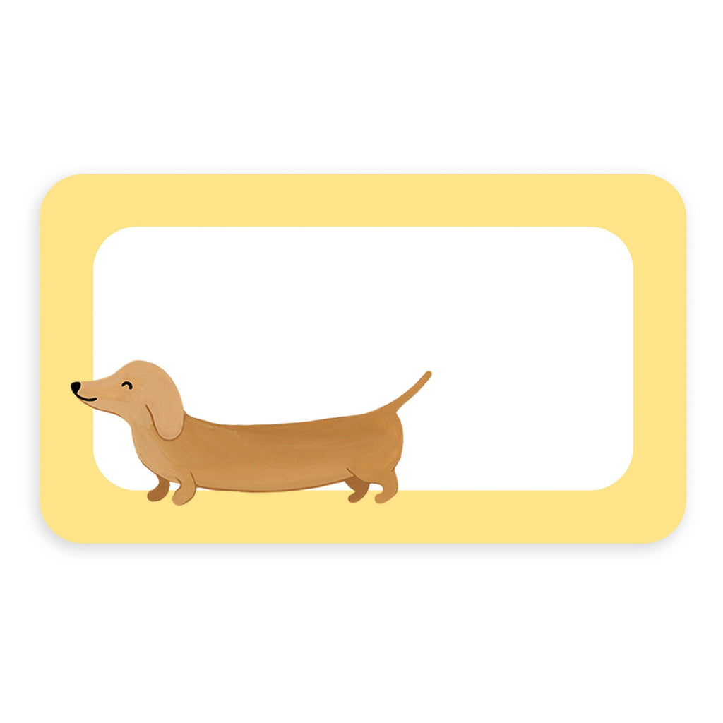A rectangular card with rounded corners, featuring a cartoon dachshund dog illustration along the bottom left side of a white inner rectangle.