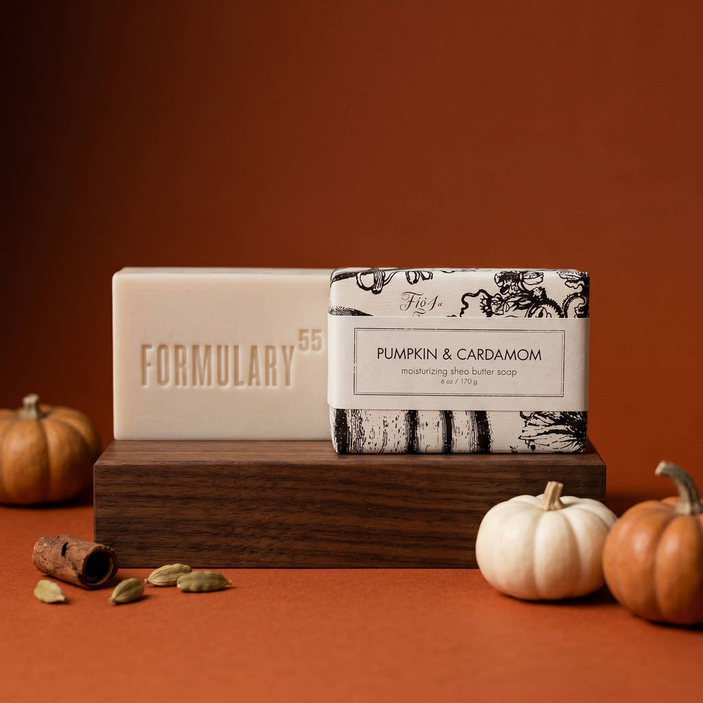 Formulary 55 Pumpkin & Cardamom Shea Butter Soap bath bar with creamy texture and warm, spicy pumpkin and cardamom scent.