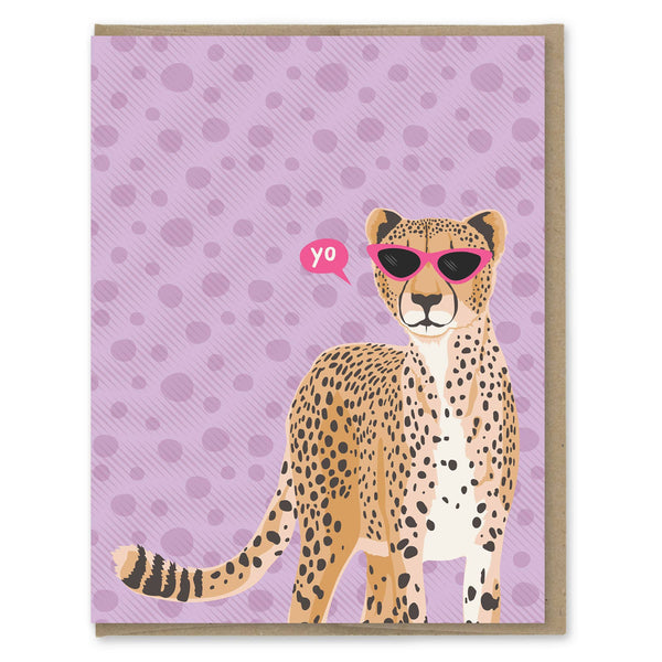 Modern Printed Matter Yo Cheetah blank note card featuring a stylish cheetah illustration on white cardstock.