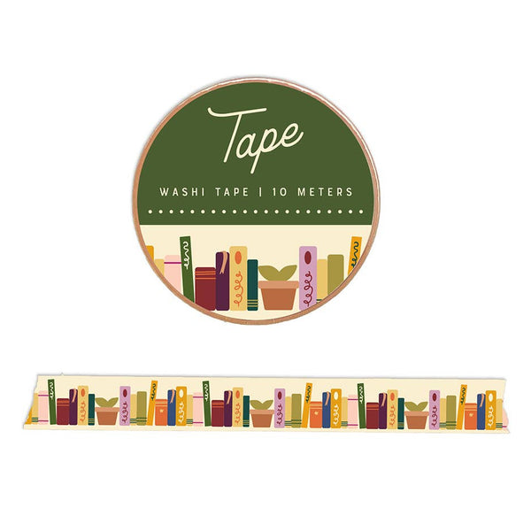 Decorative Book Shelf Reading Washi Tape by Ruff House Print Shop featuring colorful bookshelf design for journaling and crafts.