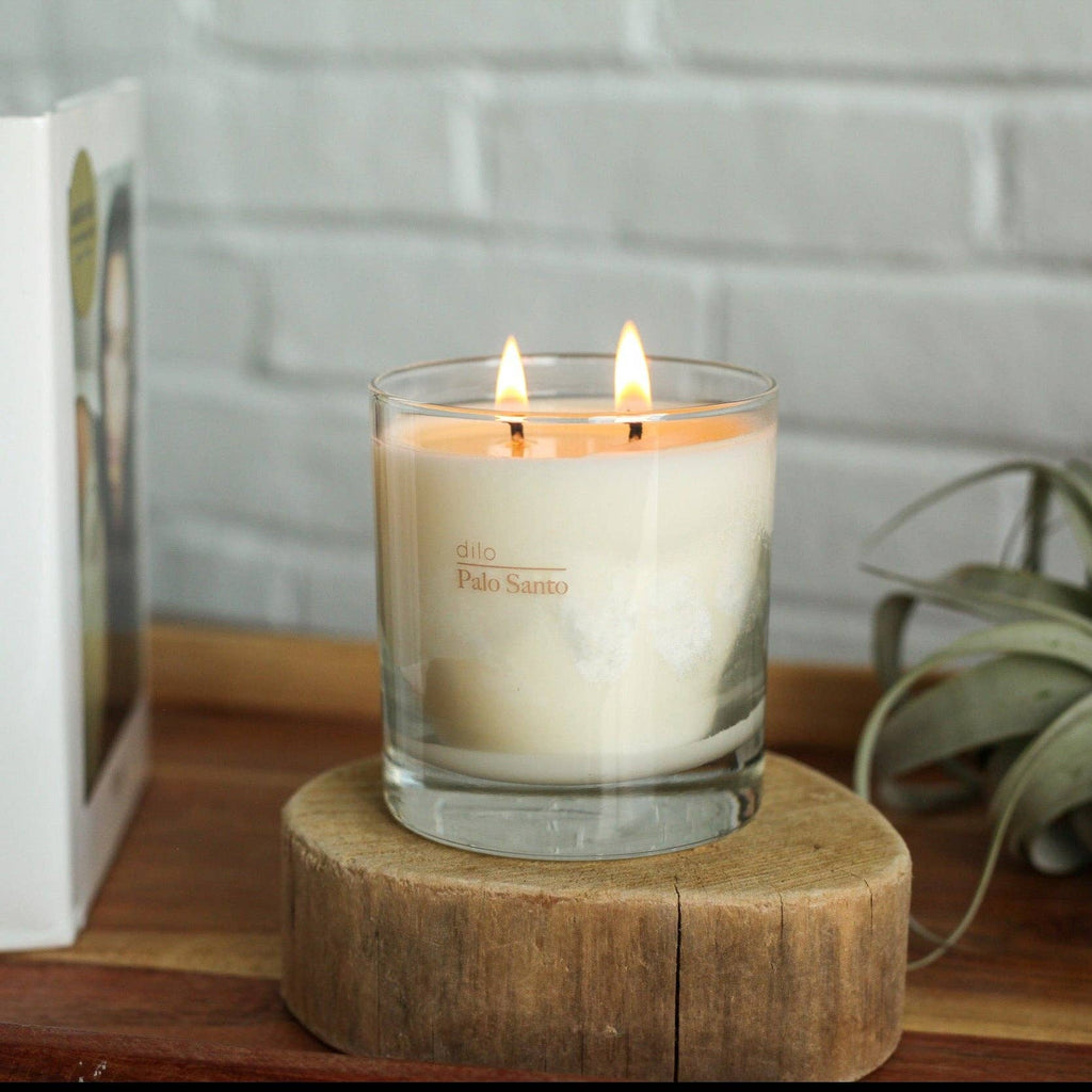 Dilo Palo Santo Candle with natural wooden wick in a simple glass container, ideal for meditation and relaxing ambiance.