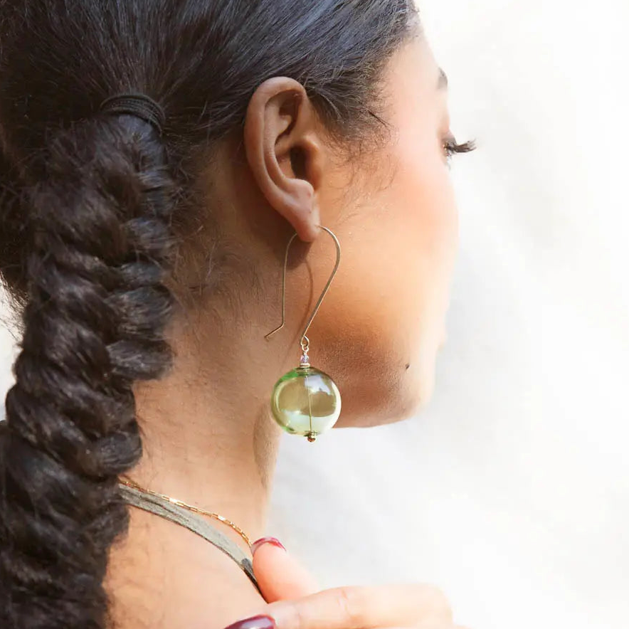 Freshie & Zero Atlas Orb Earrings in vibrant green, featuring spherical design and gold-tone accents, perfect for stylish accessories.