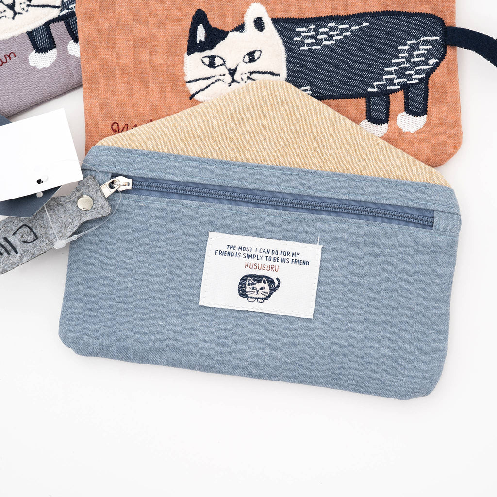 Embroidered Cat Pouch - Blue | Kusuguru Japan - Freshie & Zero Studio Shop