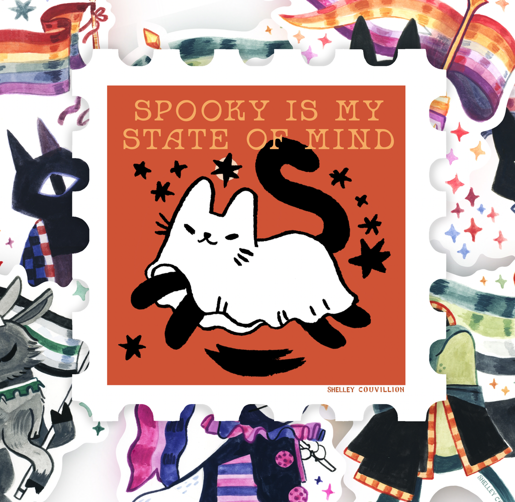 Spooky is My State of Mind Ghost Cat sticker by Shelley Couvillion featuring a playful ghost cat design on a white background