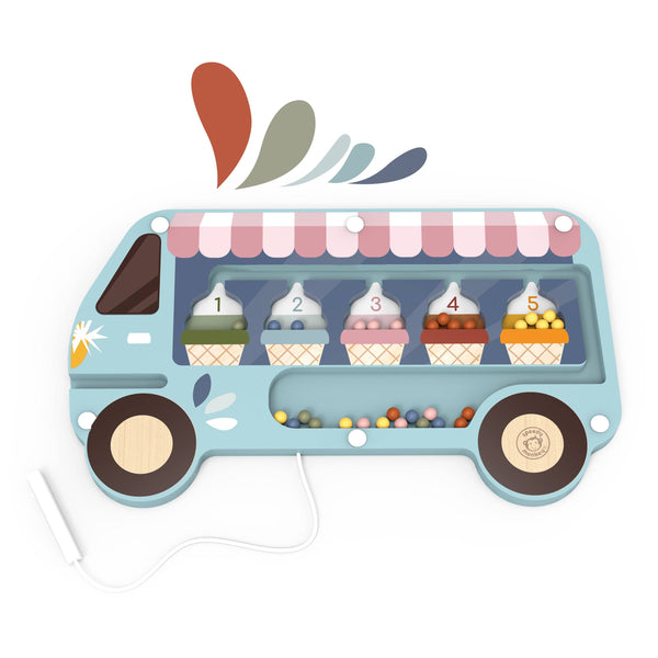 Wooden ice cream-shaped magnetic maze toy by Speedy Monkey featuring colorful magnetic pieces on a wooden background.