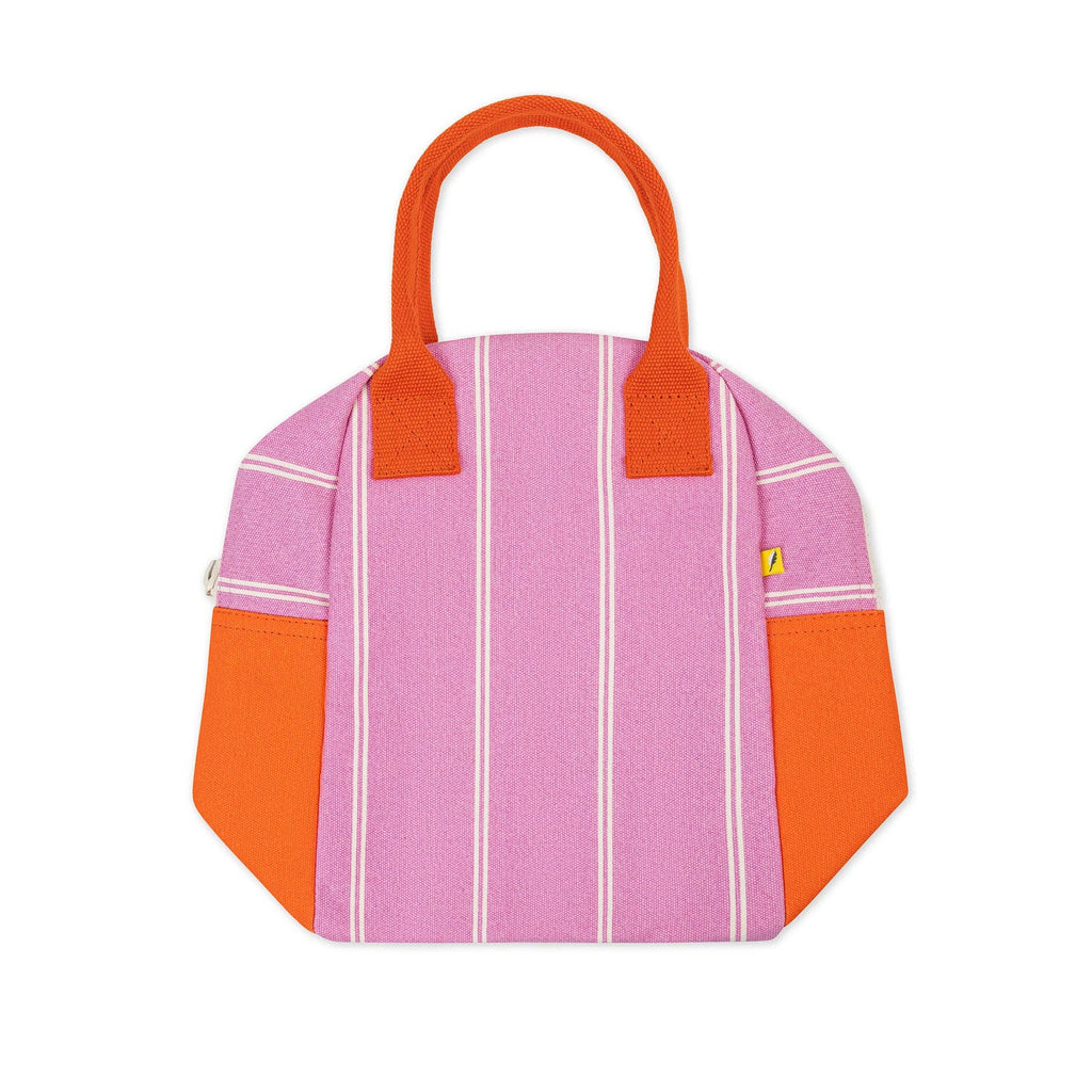 Pink stripe Fluf lunch bag with a zip closure, made of durable fabric, designed for kids' school lunches.